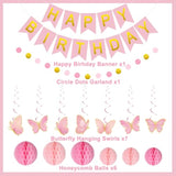 Butterfly Birthday Party Banner Pink Butterfly Hanging Decoration Set For Girls Include Hanging Swirl Streamers Honeycomb For Birthday Party Supplies