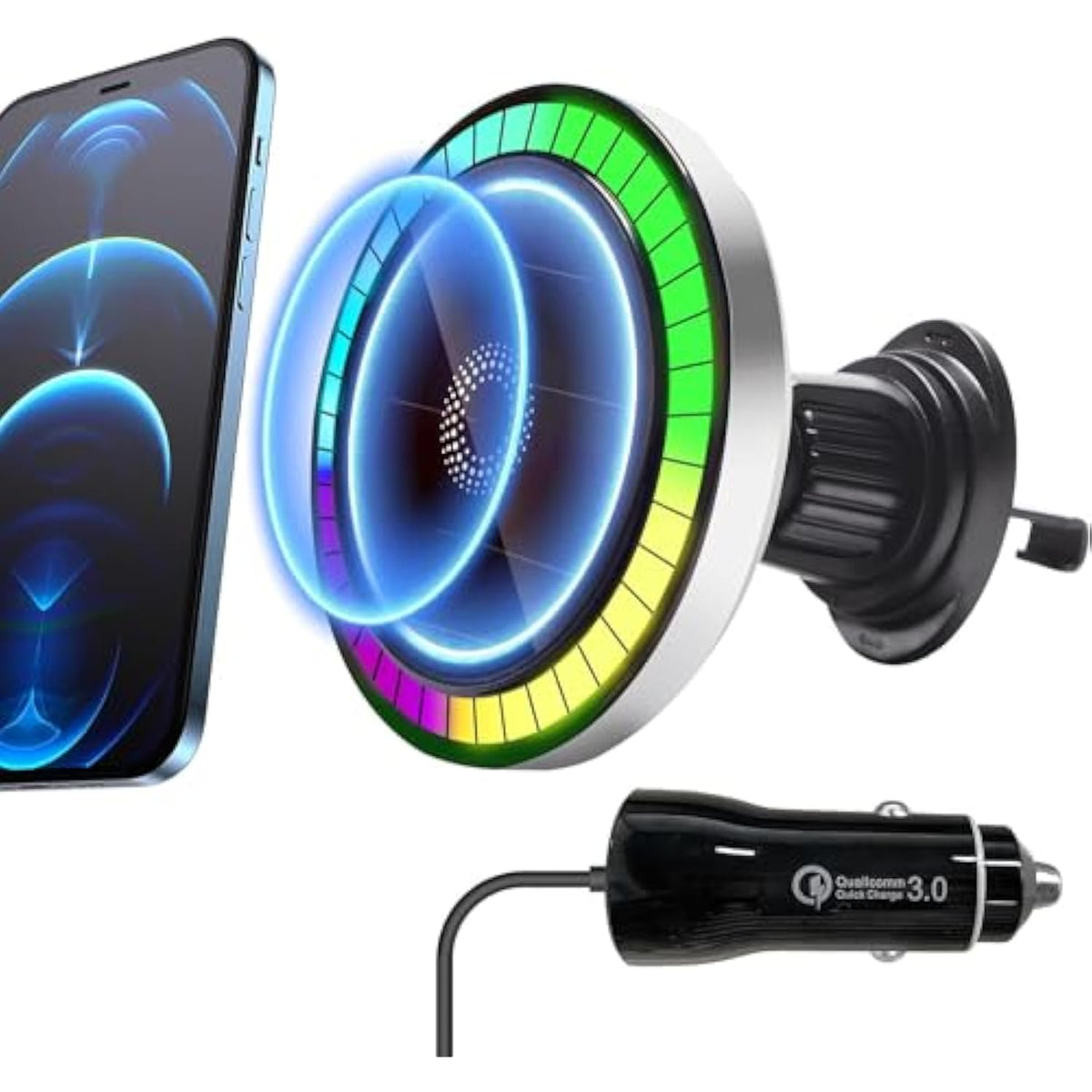 Magnetic Phone Car Mount With Light Car Phone Holder Wireless Charger With 18W Adapter Air Vent Wireless Car Charger 360° Adjustable Rotation Fast Charging Compatible With Iphone Car Mount