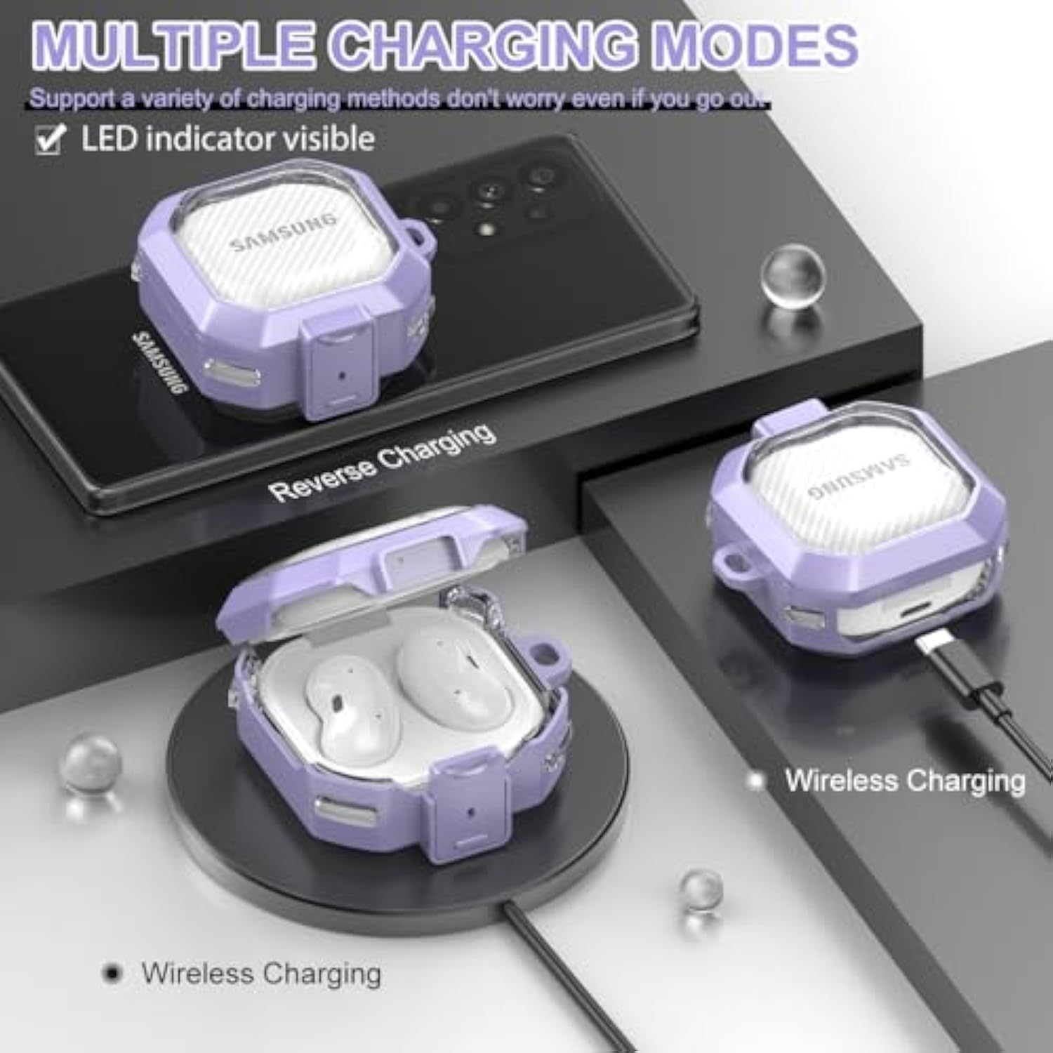 Safety Lock Case For Samsung Galaxy Buds 2 Pro/Galaxy Buds Pro/Galaxy Buds 2/Galaxy Buds Live, Carbon Fiber Clear Cover For Galaxy Buds Fe For Women With Keychain & Cleaner Kit (Purple)