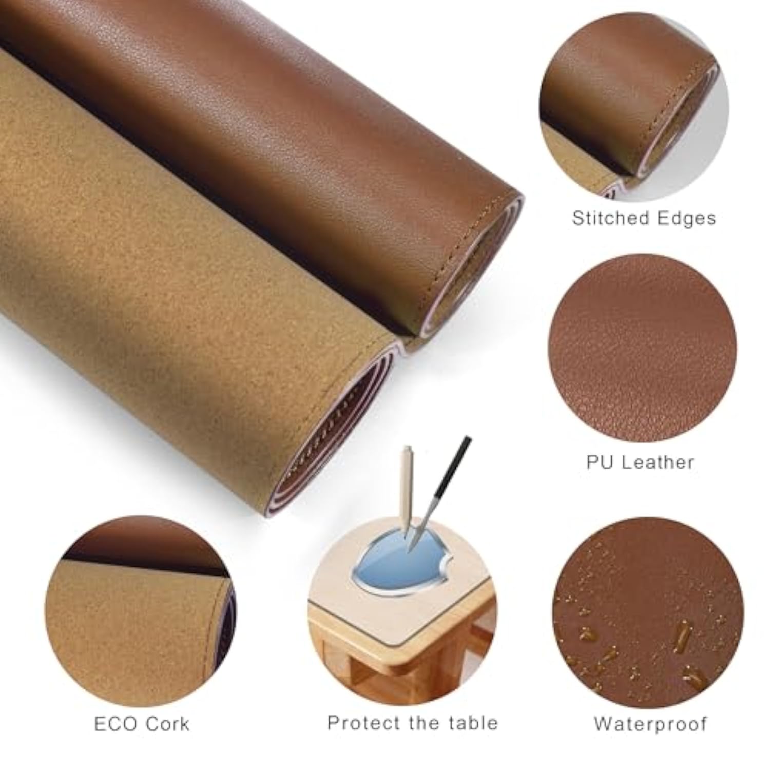 MAIDERN 43.3”x 19.6” Leather Desk Mat, Large Desk Pad, Cork & Leather Large Mouse pad for Desk, Waterproof Computer Desk Mat for Gaming Home Office (Brown)