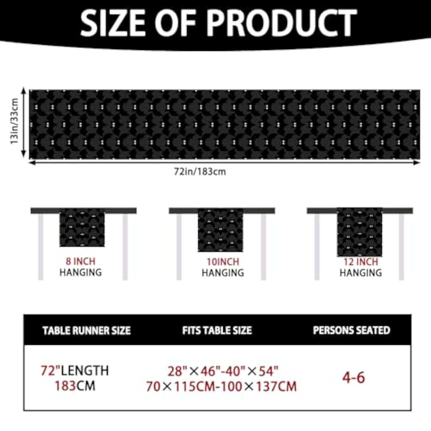 Black Bats Halloween Table Runner 13X72 Inch,Soft Plush Faux Fur Jacquard Seasonal Holiday Kitchen Dining Tabletop Runners For Home Indoor Decoration