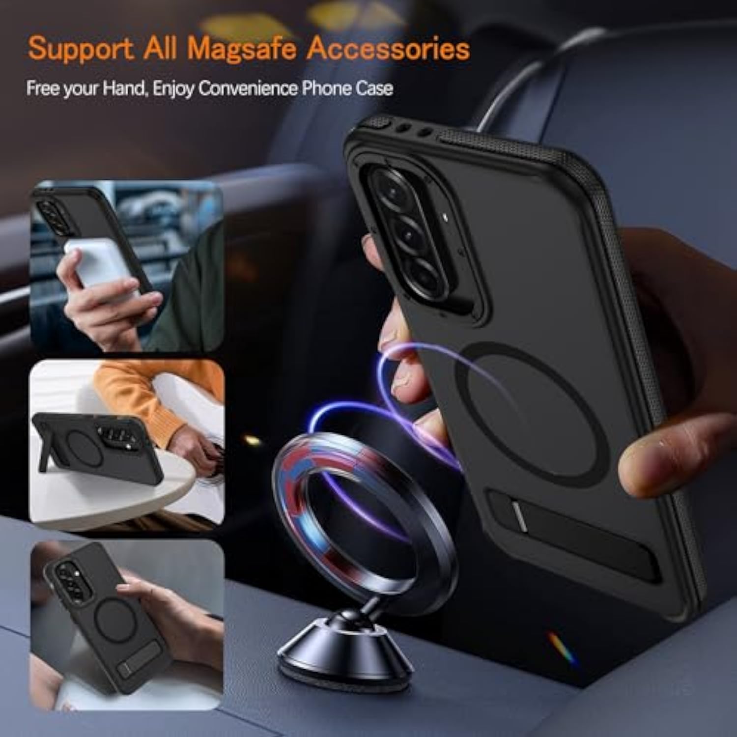 Compatible With Samsung Galaxy A36 Magnetic Case, Galaxy A36 Magsafe Cases Translucent Matte Scratch-Resistant Back Shockproof Invisible Folding Kickstand Case For Samsung A36 5G 6.7'', Black