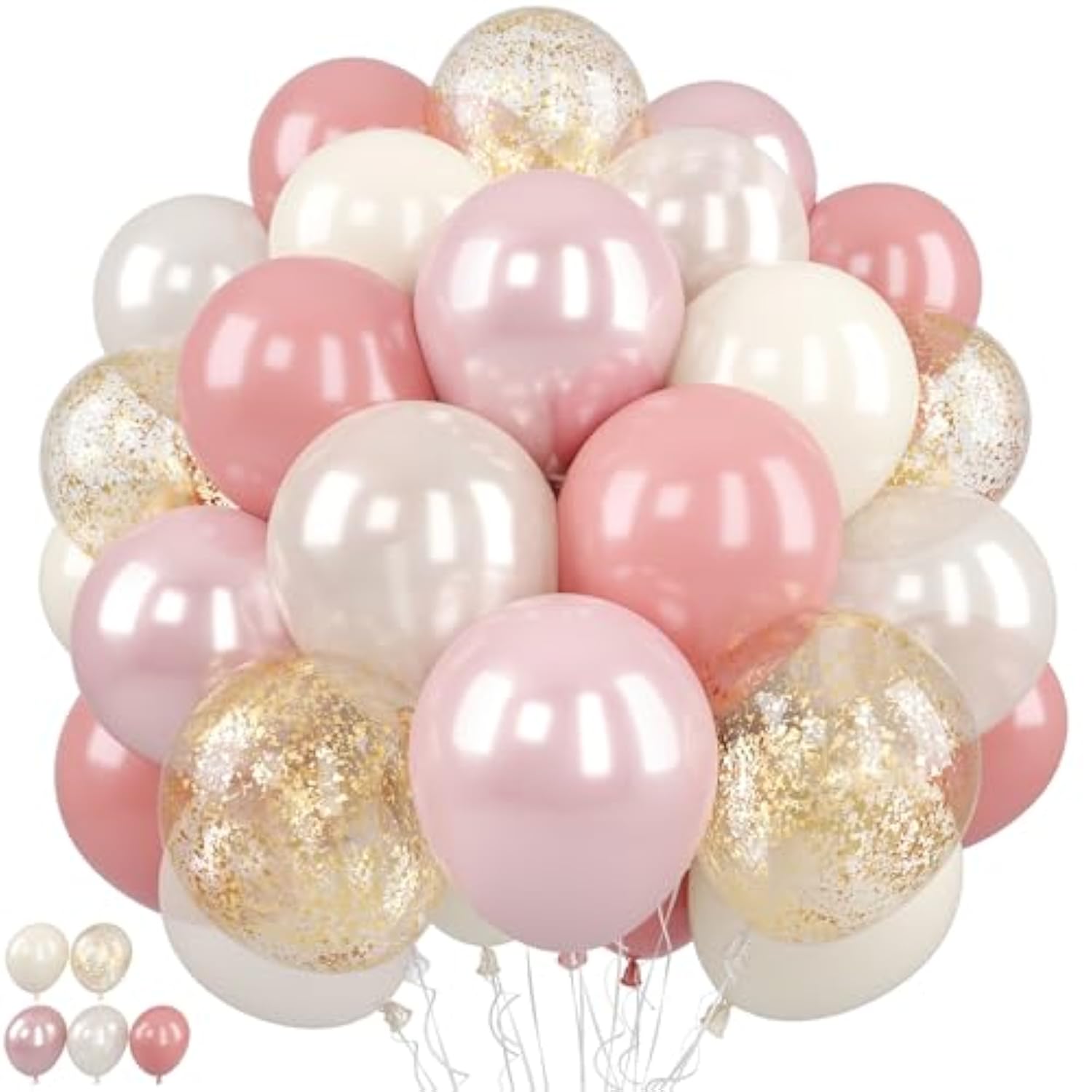 Pink And Gold Balloons, 50Pcs 12 Inch Retro Blush Pink Cream White Double Stuffed-Pink Metallic Gold Confetti Boho Ballon For Birthday Bridal Shower Wedding Party Decorations