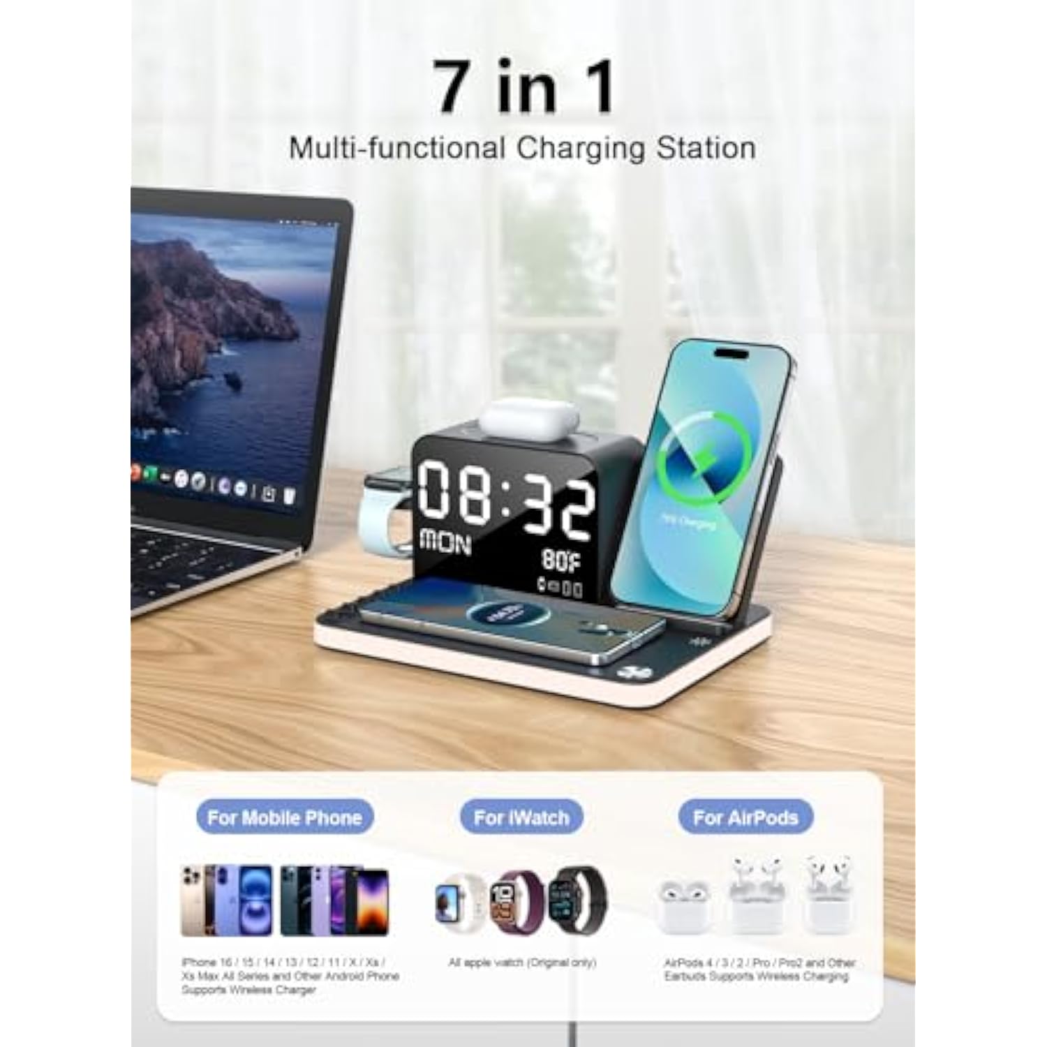 7 In 1 Wireless Charging Station For Apple Device Wireless Charger With Night Light Bluetooth Timesync Temperature 33W Fast Charger For Iphone 16/15/14/13/12 Pro Max Android Phone Airpods Apple Watch