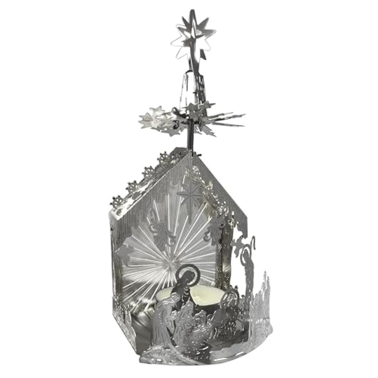 Nativity Christmas Spinning Stars Candleholder - Laser Cut Silver Plated Holy Family - Tea Light Candle Holder - Scandinavian Design - Measures 6" H X 2.75" W.