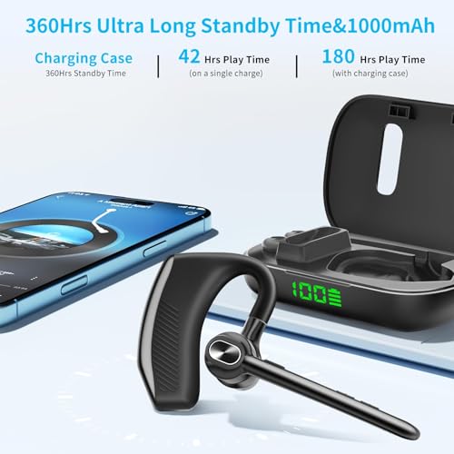 Bluetooth Headset Wireless Earpiece Microphone 180H Playtime 1000Mah Wireless Charging Case Handsfree Single Ear Headset Led Display For Iphone Android Cellphones Pc Computer Trucker Drivers Work Game