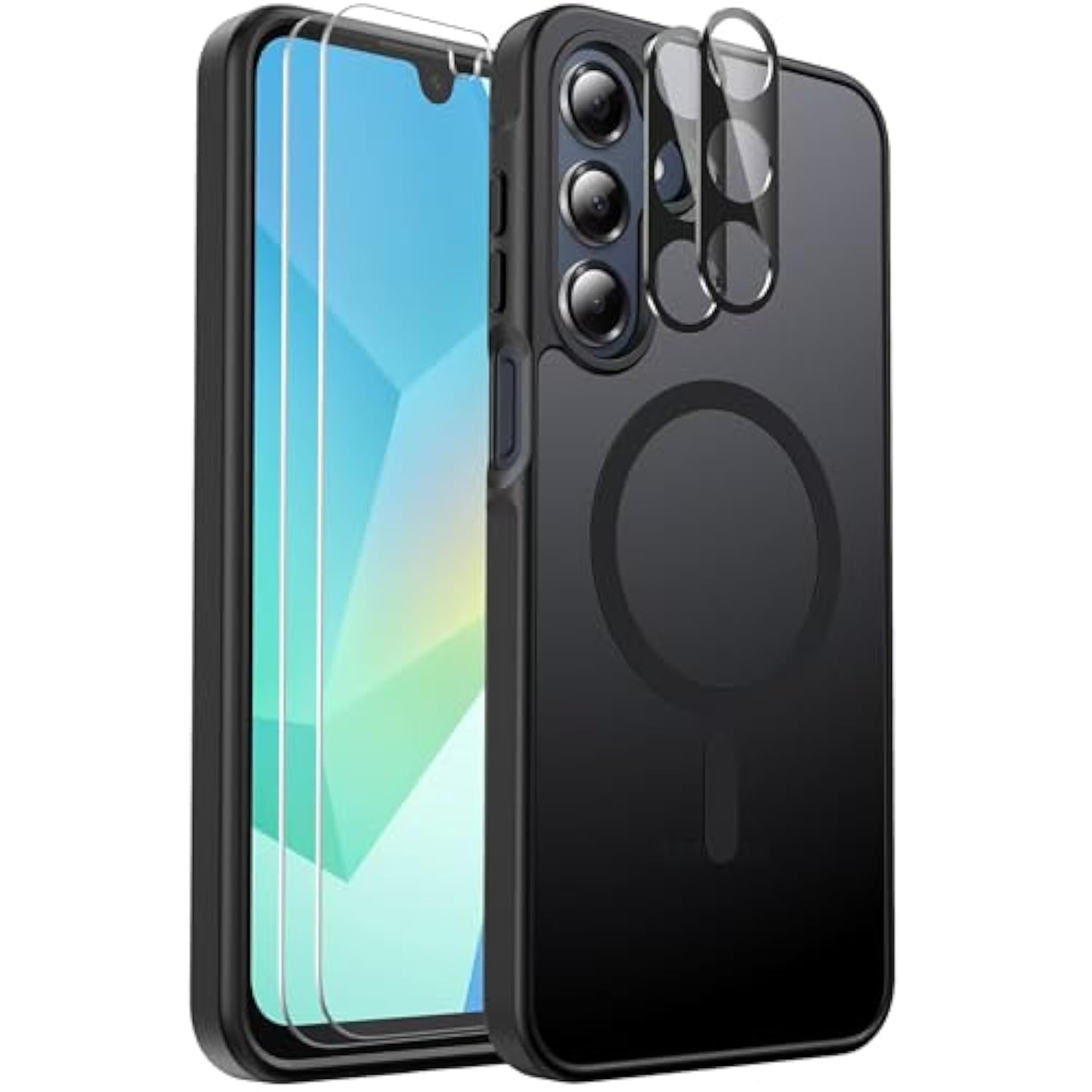 For Samsung Galaxy A16 5G Phone Case, With 2-Pack Tempered Glass Screen Protector And Camera Lens Protector, Translucent Back Shockproof Phone Cover For Samsung Galaxy A16 5G (Black)