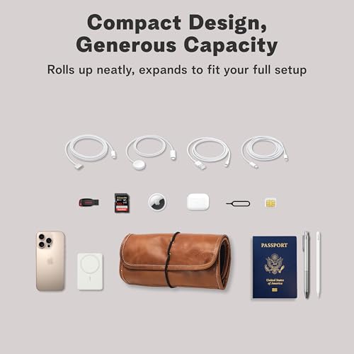 Leather Tech Pouch, Passport Holder For Travel, Cables Organizer Roll, Mesh Zippered Pockets For Usb Drive, Phone, Battery, Sd Card, Sim Card