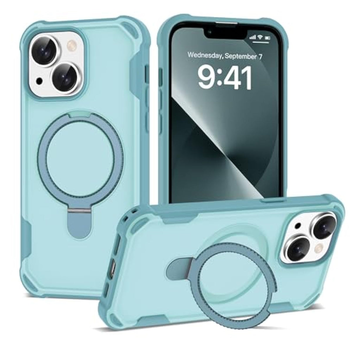 Compatible With Iphone 13 & 14 Case 6.1'' With Magnetic Ring Stand [Military Drop Protection][Compatible With Magsafe] Shockproof 13 & 14 Phone Case For Men Wowen,Cyan