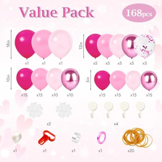 Pink Balloon Arch Kit, 168 Pcs Hot Pink Balloon Garland, 18 12 10 Inch Confetti Latex Metallic Balloons For Birthday Princess Wedding Baby Shower Party Decorations