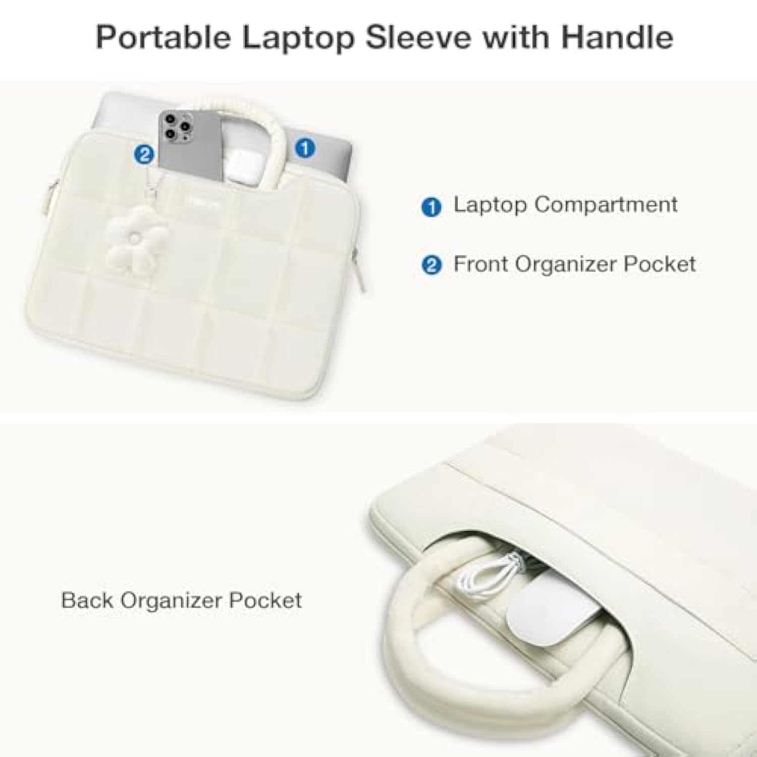 MOSISO 13-14 inch Laptop Case, 13.3 inch Puffy Laptop Sleeve Compatible with MacBook Air 13 13.6/Pro 13/Pro 14,HP Acer Dell ASUS Lenovo, Rectangle Quilted Computer Bag with Handle&Flower Pendant, Sand