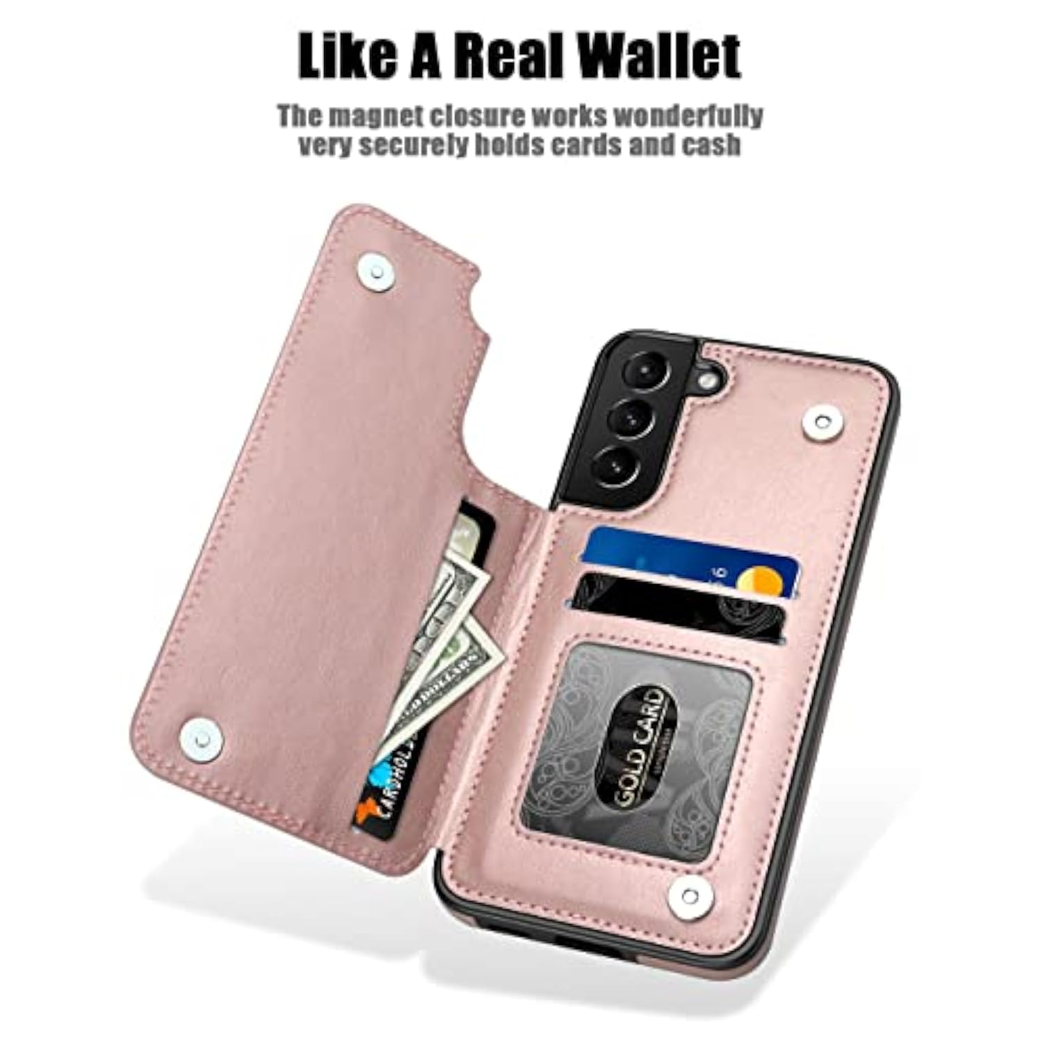 For Samsung Galaxy S22 Case With Card Holder,Flower Magnetic Buttons Protective Wallet Cover For Women For Samsung Galaxy S22 5G (2022),Rose Gold