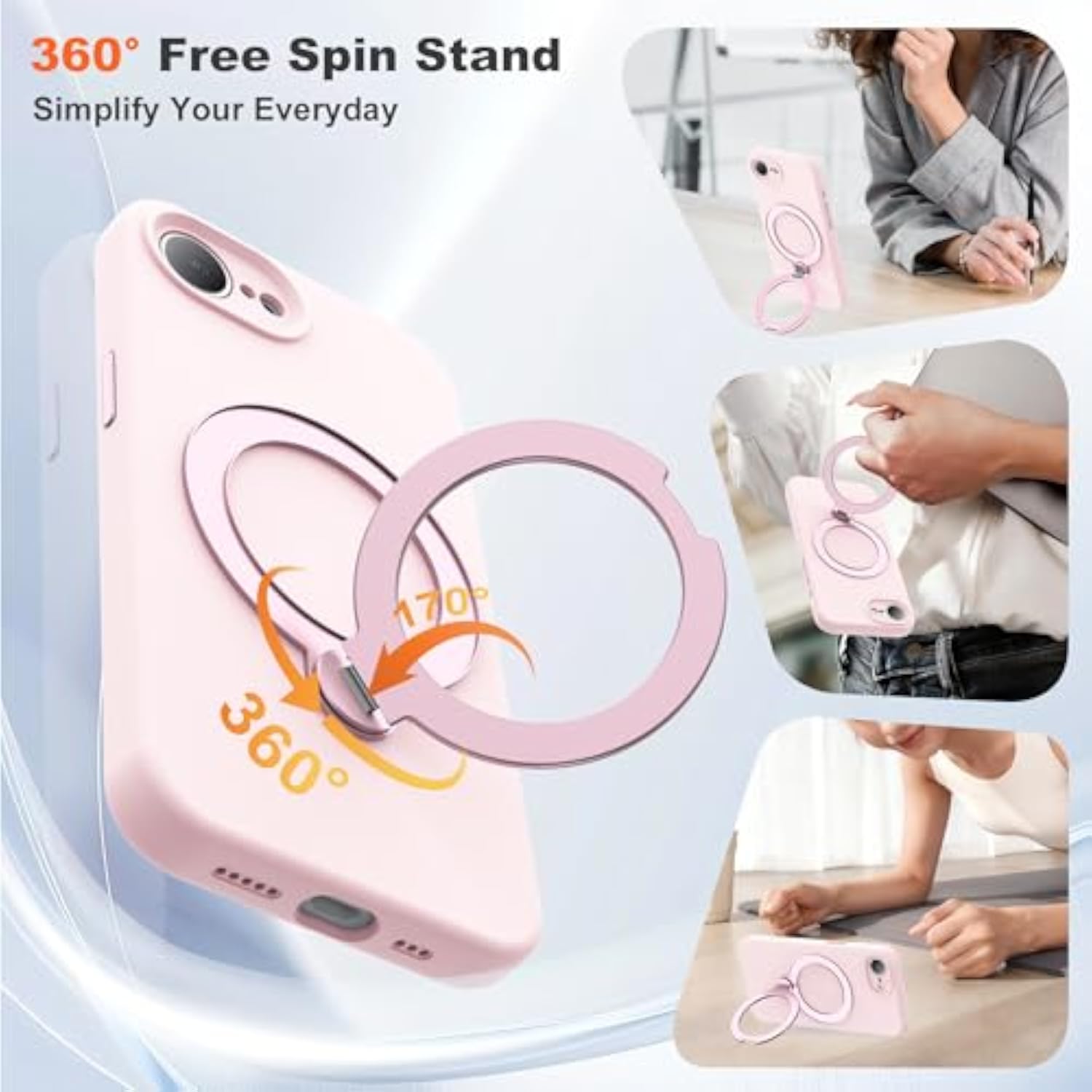 Pink 6.1 Inch Case for iPhone 16E with 360 Degree Spin Stand
