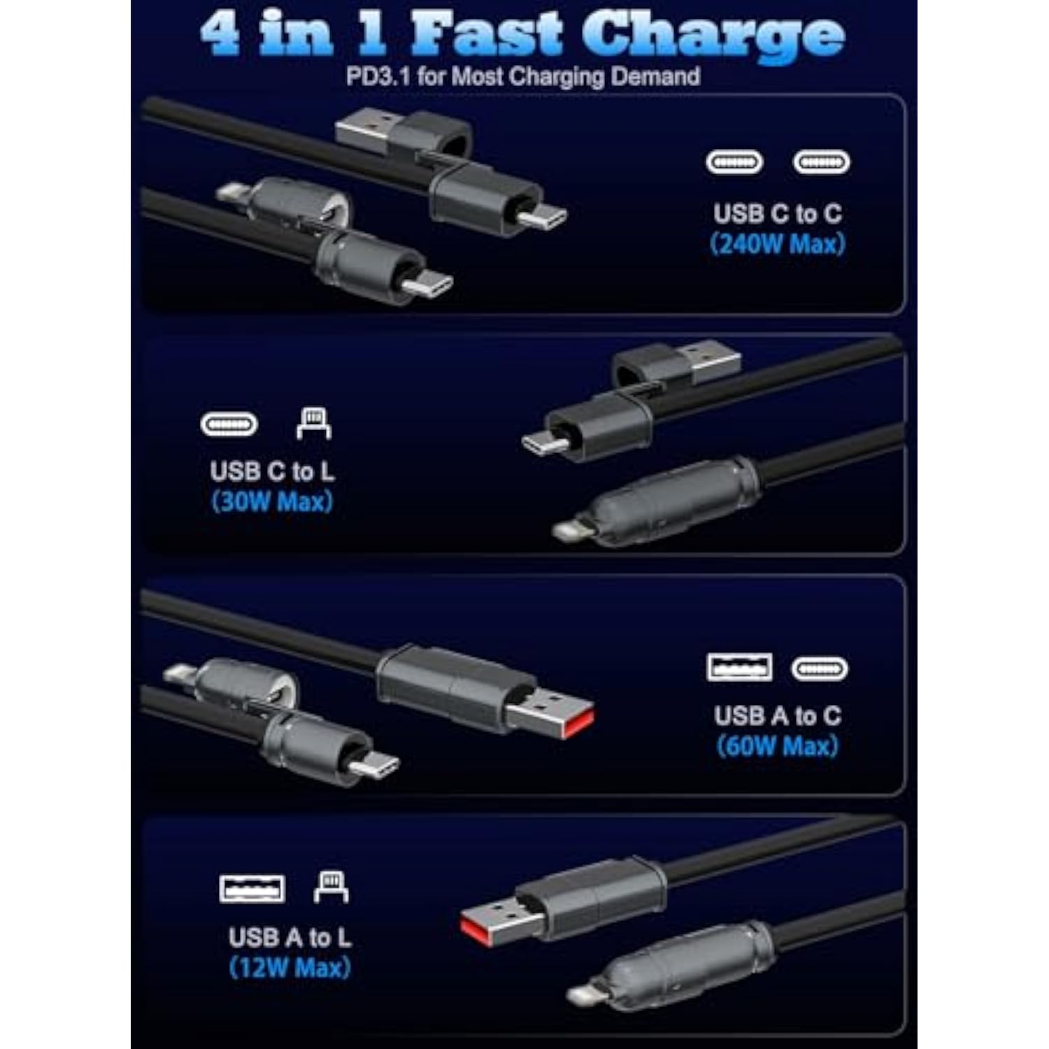 4 In 1 Charging Cable 6.6Ft, Usb A/C To Usb C/L, Chubby 240W Fast Charge Cord For Multiple Devices, Multi Charging Cables For Iphone 16, Ipad, Macbook, Samsung, Switch (Black)