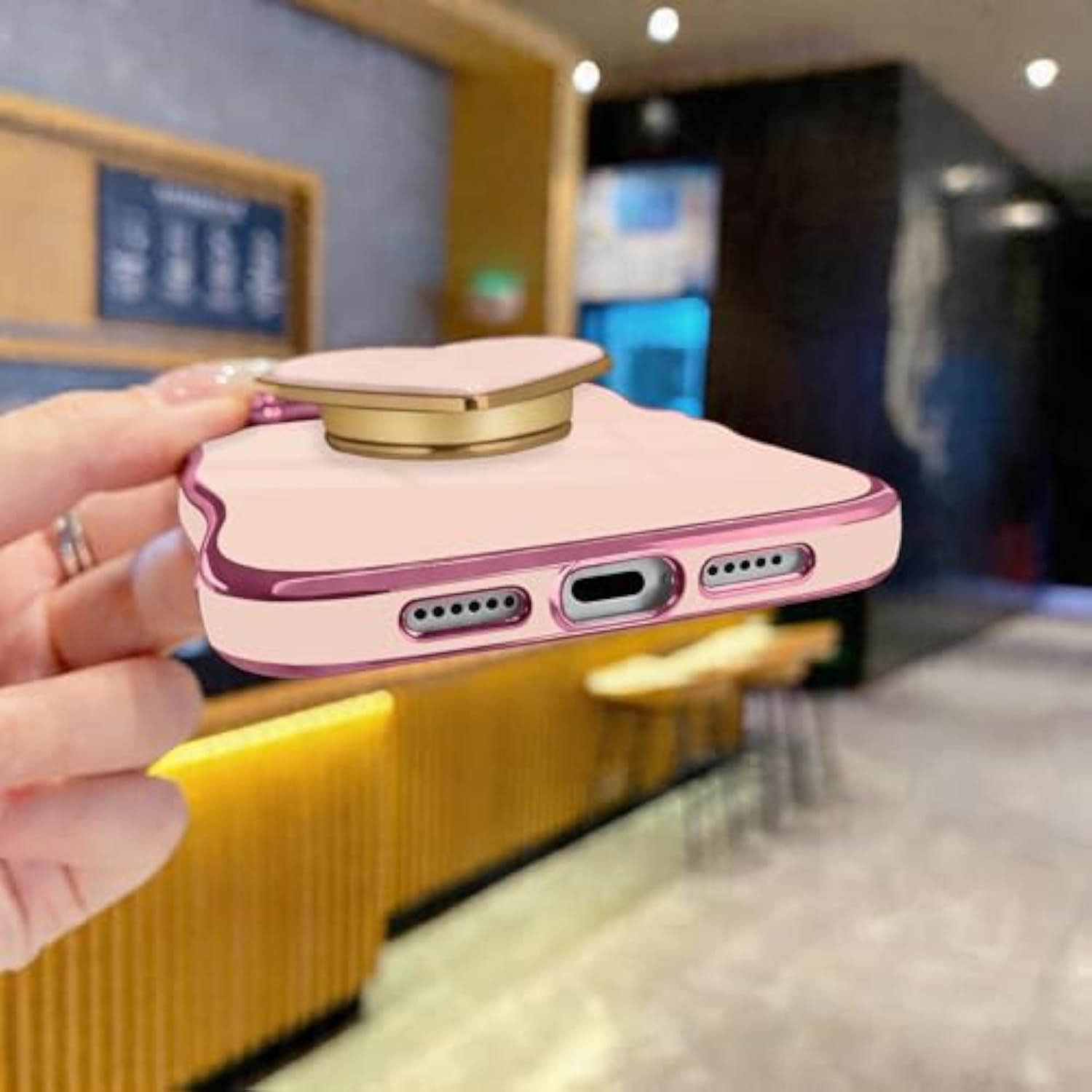 Luxury Wave Frame Curly Shape iPhone 17 Pro Max Love-Heart Holder Case with Soft Shockproof Bumper TPU Protective Cover for Women Girls