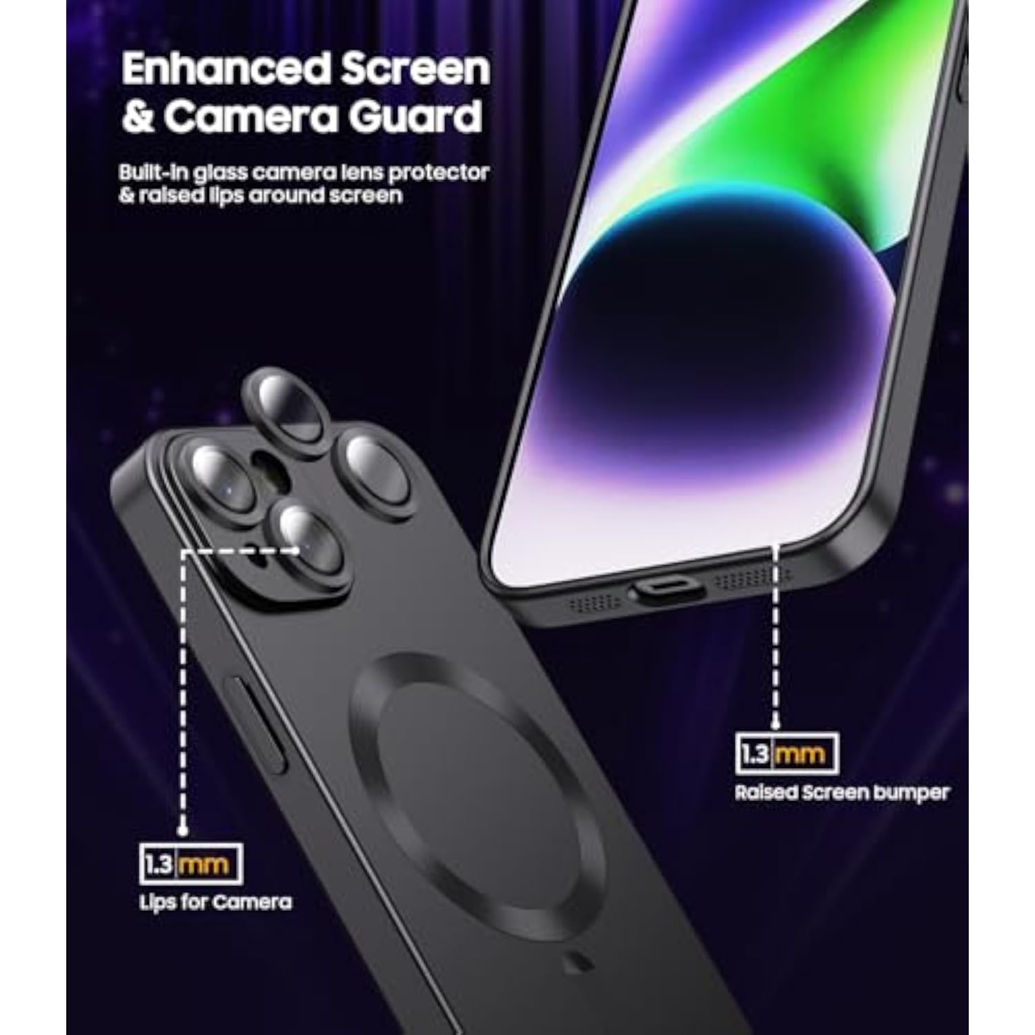 Magnetic iPhone 14 Case with MagSafe Compatibility, Built-in Camera Lens Protector, Slim Soft Silicone Bumper, Shockproof Metallic Luster Phone Case, Black