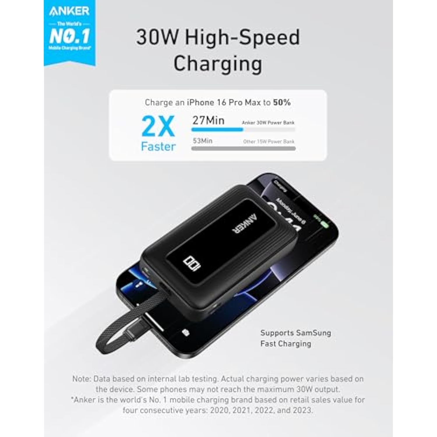 10,000mAh 30W Power Bank with Built-in USB-C Cable, Fast Charger for Travel