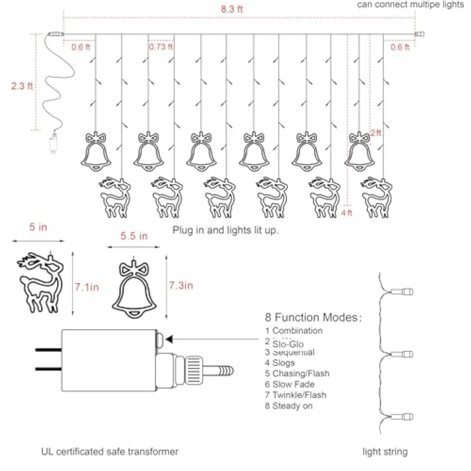 180 Led Christmas Curtain String Lights, 8.3 Ft Linkable Warm White Window Fairy Lights With 12 Reindeer & Bell Pendants