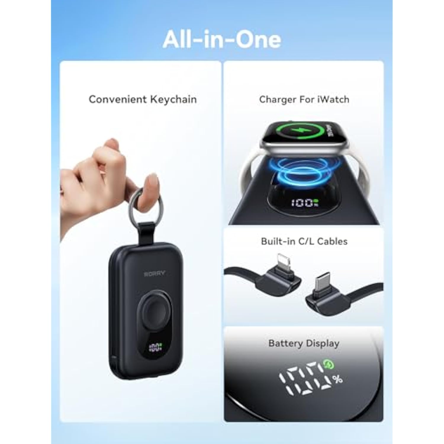 Portable Charger, 20000Mah Pd 30W Portable Charger Power Bank With 2 Built-In Cables, Super Fast Charging Battery Pack With Keychain, Travel Essentials For Iphone, Apple Watch, Ipad, White