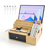 Bamboo Charging Organizer for Multi-Devices, with Drawer and Pen Holder, Nightstand Desk Charging Stations Electronic Organizer for Cell Phone,