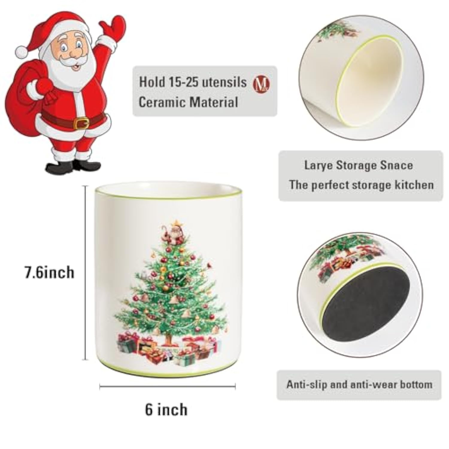 Christmas Utensil Holder, Christmas Tree Utensils Holder For Christmas Kitchen Decor, Xmas Cute Ceramic Utensils Crock For Rustic Farmhouse Indoor Kitchen Decorations