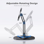 OMOTON 360°Rotating Magnetic Phone Stand for Desk, Adjustable Foldable Aluminum for MagSafe Cell Phone Stand Holder with Non-Slip Base, for iPhone 16/15/14/13 Pro Max/MagSafe Case- Black