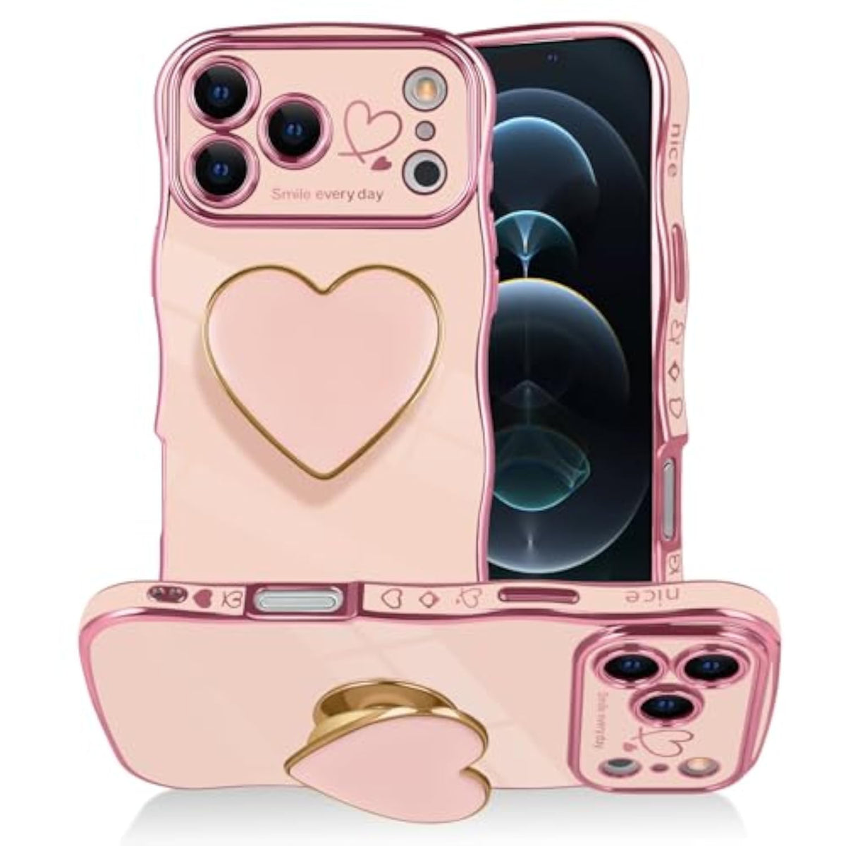 Luxury Wave Frame Curly Shape iPhone 17 Pro Max Love-Heart Holder Case with Soft Shockproof Bumper TPU Protective Cover for Women Girls