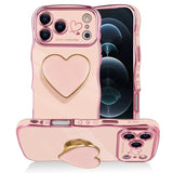 Luxury Wave Frame Curly Shape iPhone 17 Pro Max Love-Heart Holder Case with Soft Shockproof Bumper TPU Protective Cover for Women Girls