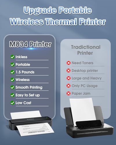 M834 Portable Printer, Wireless Bluetooth Thermal Printer, Support 8.5" X 11" And A4 Szie Thermal Paper, Compatible With Ios, Android & Pc, Mobile Printers For Travel, Office, School, Pink