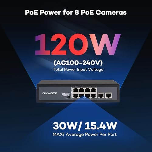 8 Ports 120W(Ac100-240V) Ethernet Poe Switch, 2 X Uplink Gigabit Rj45 Ports, Support 4K 8Mp 5Mp Poe Ip Security Cameras, Add-On Poe Injector To Poe Nvr System