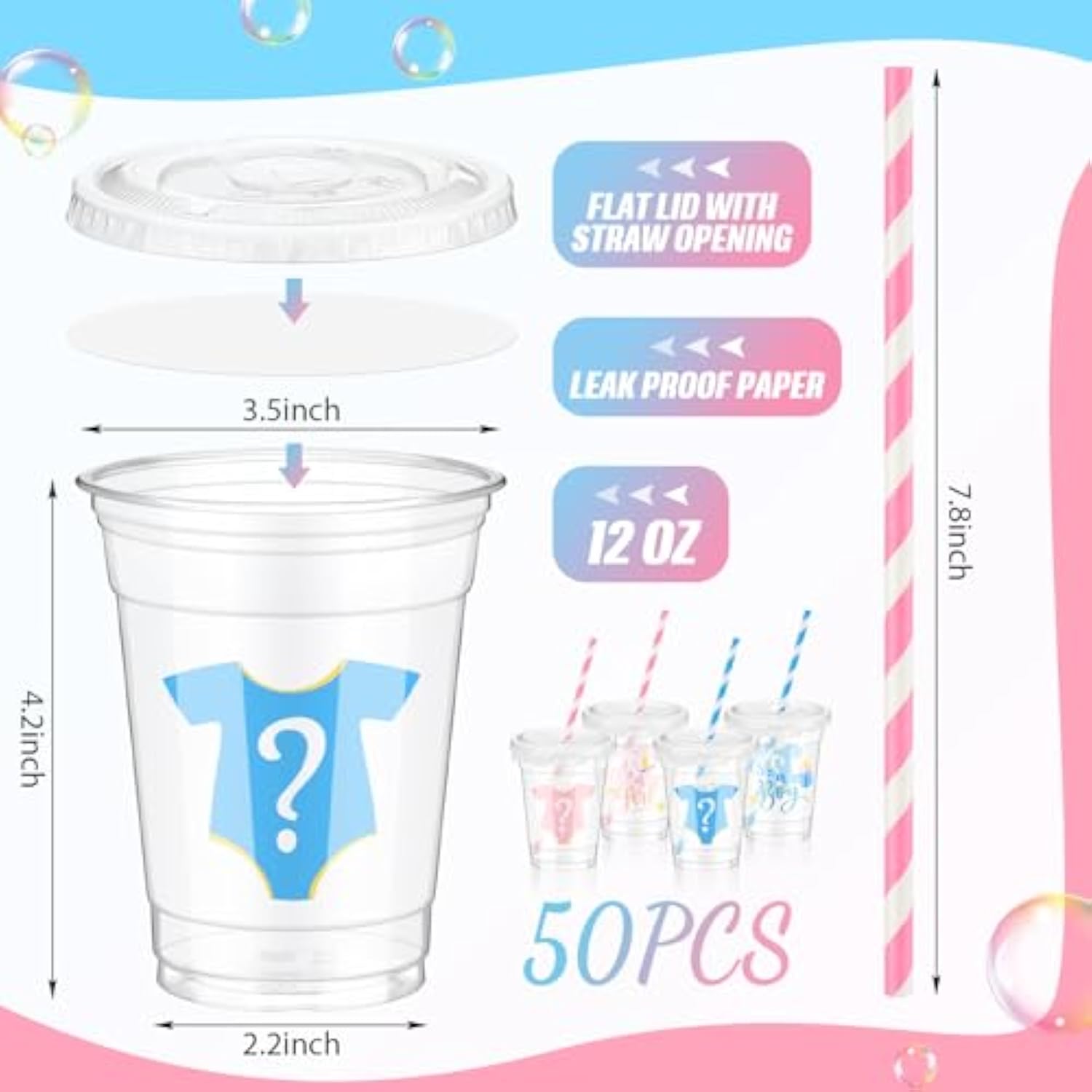 50 Pcs Gender Reveal Cups Gender Reveal Party Supplies 12 Oz Party Plastic Cups Boy Or Girl Clear Cup With Lids Straws Blue And Pink Baby Shower Decorations It'S A Boy Or It'S A Girl