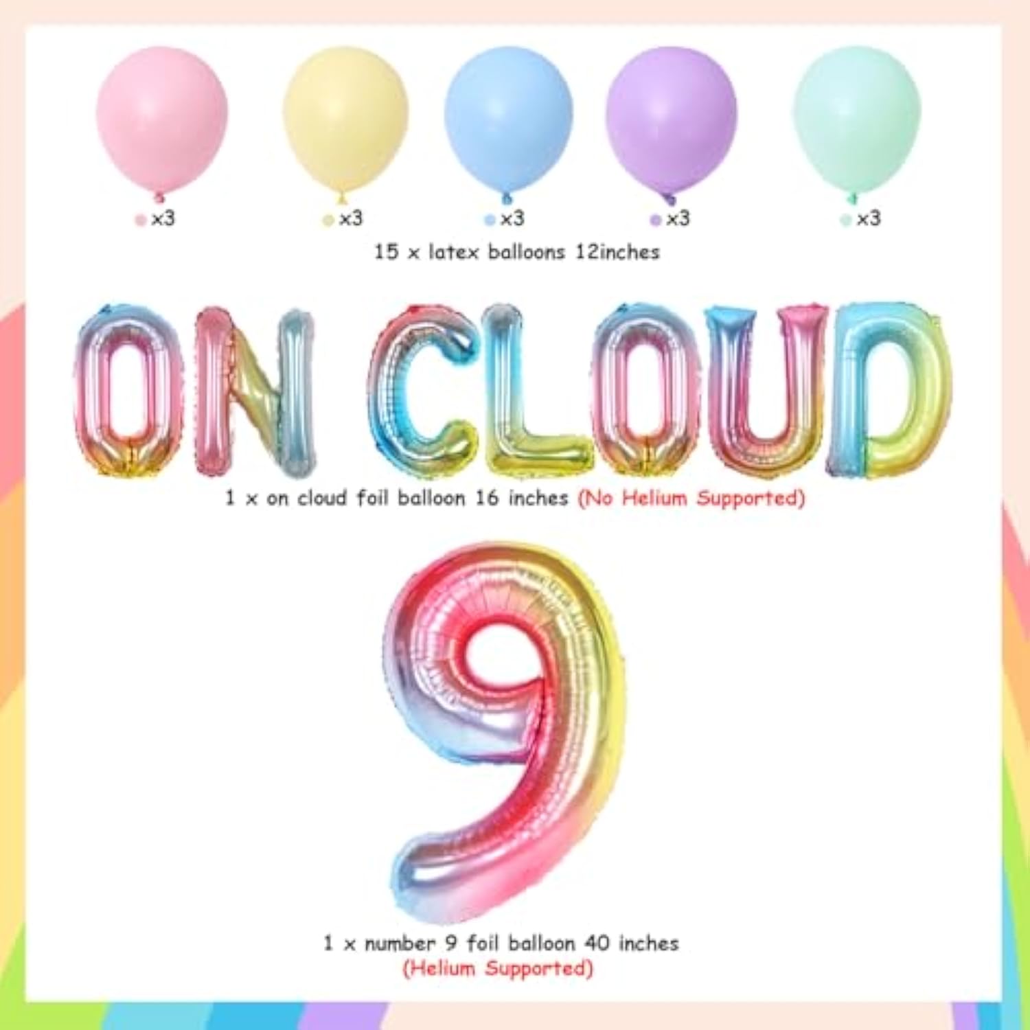 On Cloud 9 Birthday Decorations For Girls, Gradient On Cloud 9 Balloons Pastel Rainbow Balloon For Rainbow 9Th Birthday Party Supplies