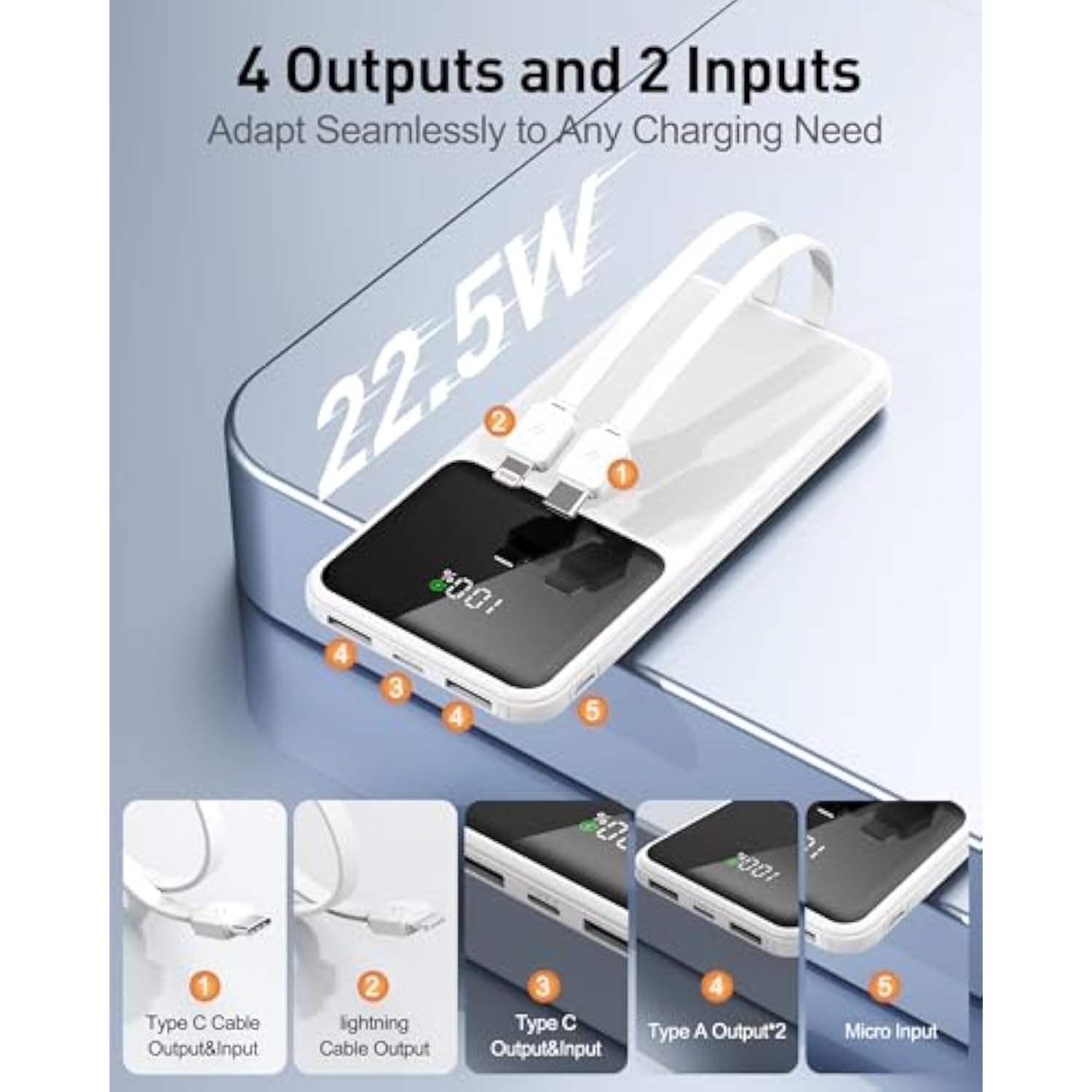 12800Mah Portable Charger With Built In Cables, 22.5W 3A High Speed Charging Travel Essentials, Led Display Slim Powerbank, 4 Outputs 2 Inputs Built-In Usb C&Lightning Cables For Iphone Ipad Android