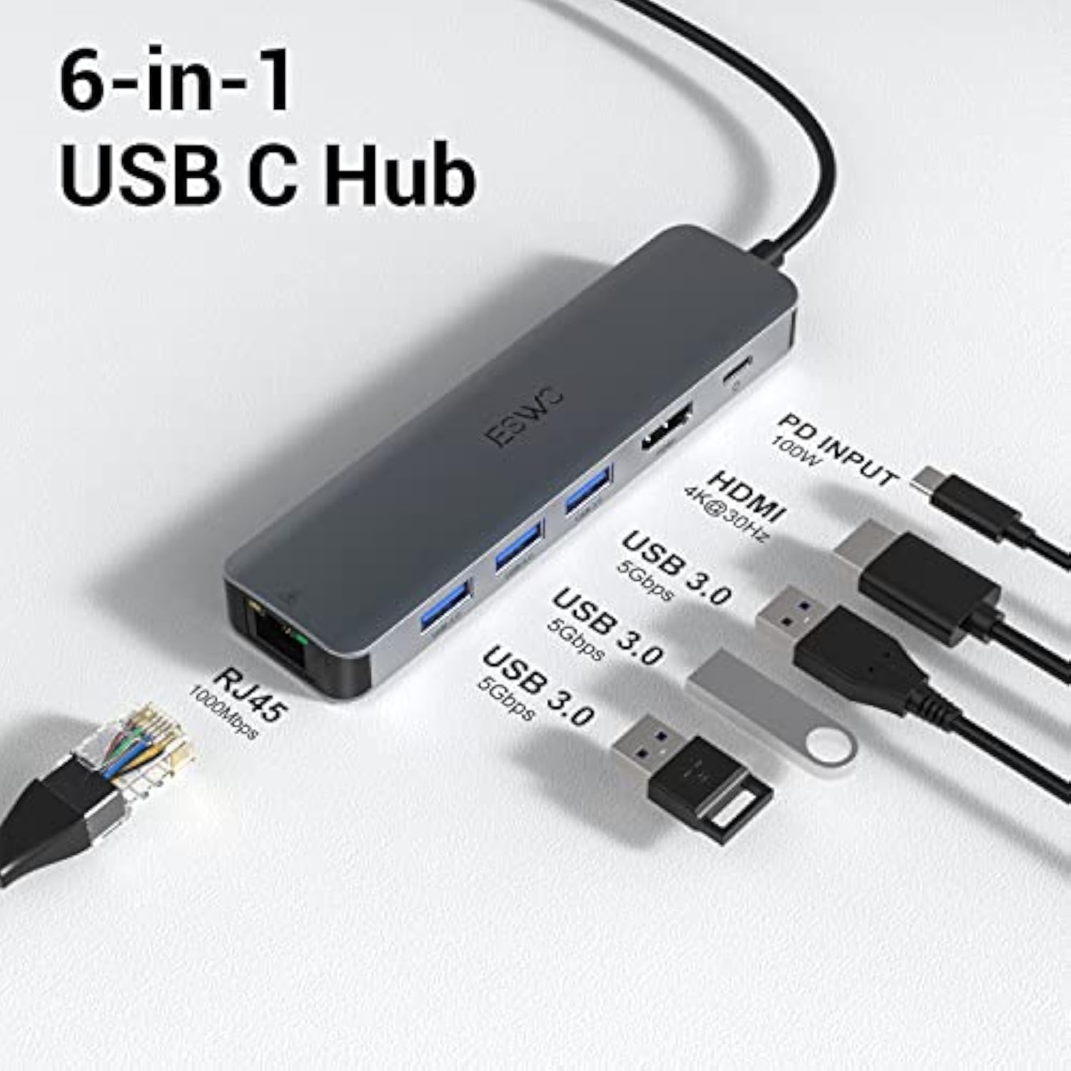 Usb C Hub, Usb C Multiport Adapter Hub With Rj45 Ethernet, 4K Hdmi, 100W Pd, 3