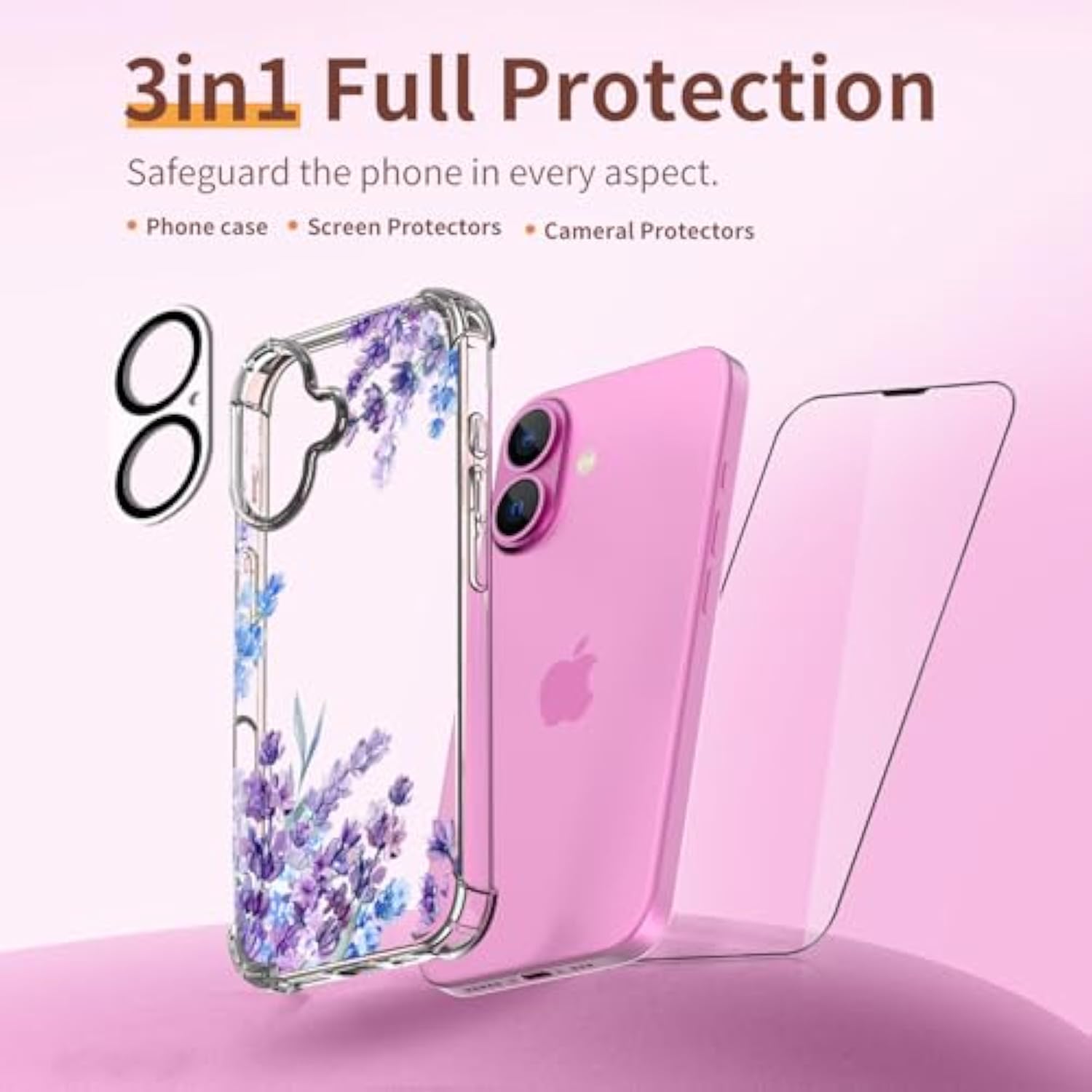 For 16 Case,[3 In 1] With Screen Protector & Camera Lens Protector, Flower Pattern Design,Clear Soft Shockproof Slim Floral Phone Cover For Women Girls 2024 6.1" (Lavender/Purple)