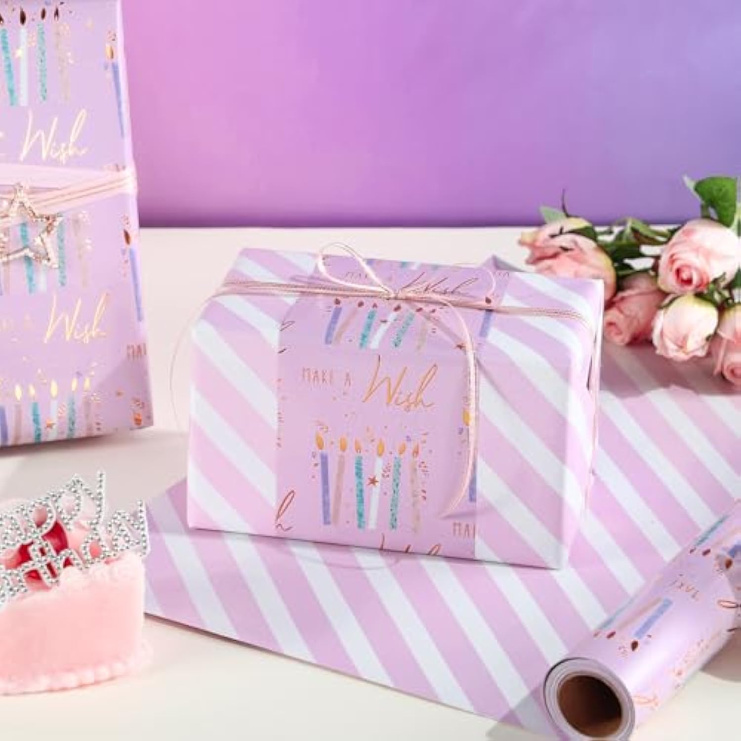 Reversible Birthday Wrapping Paper Roll - Purple Candle & White Stripe Metallic Foil Gift Wrap For Girls, Women, Party, Celebration - Mini Roll, 17 Inches X 32.8 Feet