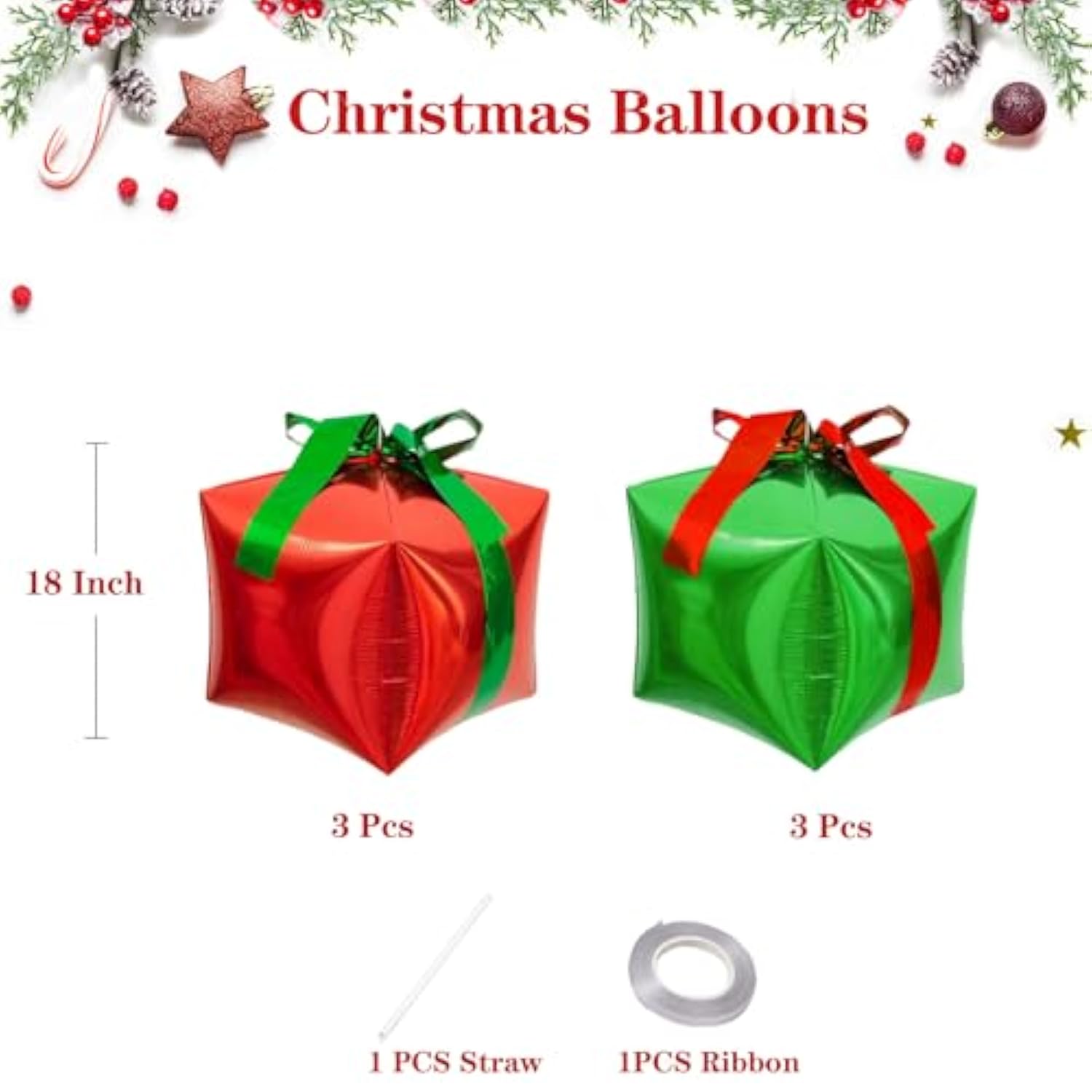 6Pc Red Green Cube Gift Box Balloons 18In Christmas Party Decor