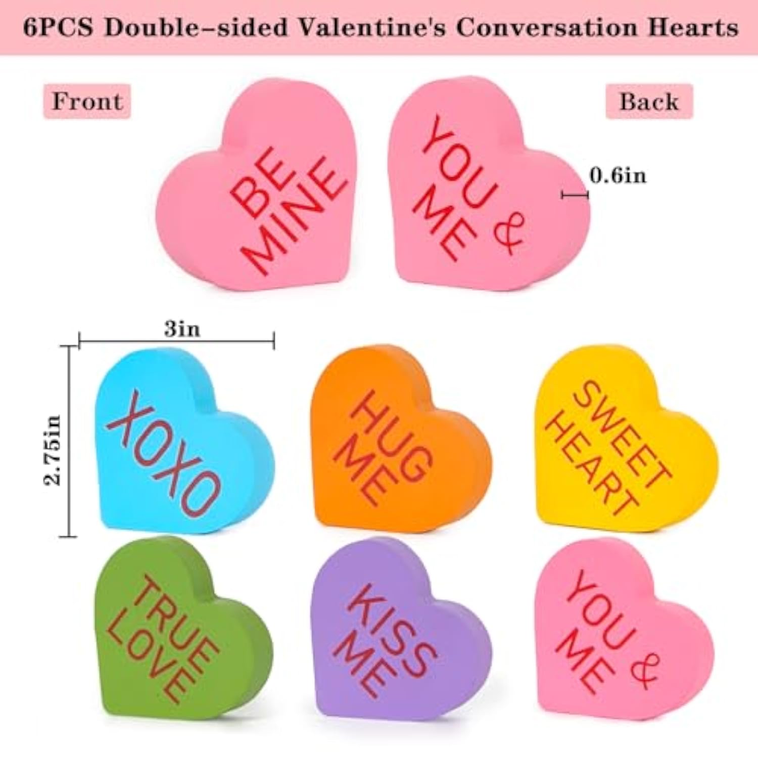 Valentines Day Decor - 6Pcs Double-Sided Wooden Valentine'S Conversation Hearts For Tiered Tray Shelf Mantel Decor - Freestanding Xoxo Kiss Me Valentines Day Decorations