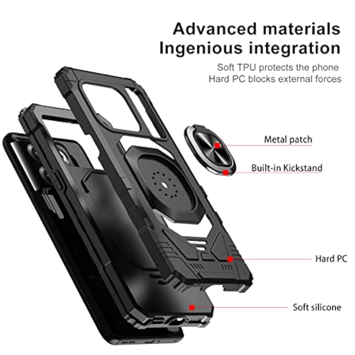 Case For Oneplus 10T 5G With Tempered Glass Screen Protector, Ring Kickstand For Magnetic Car Mount, Heavy Duty Shockproof Protective Hard Phone Cover - Black