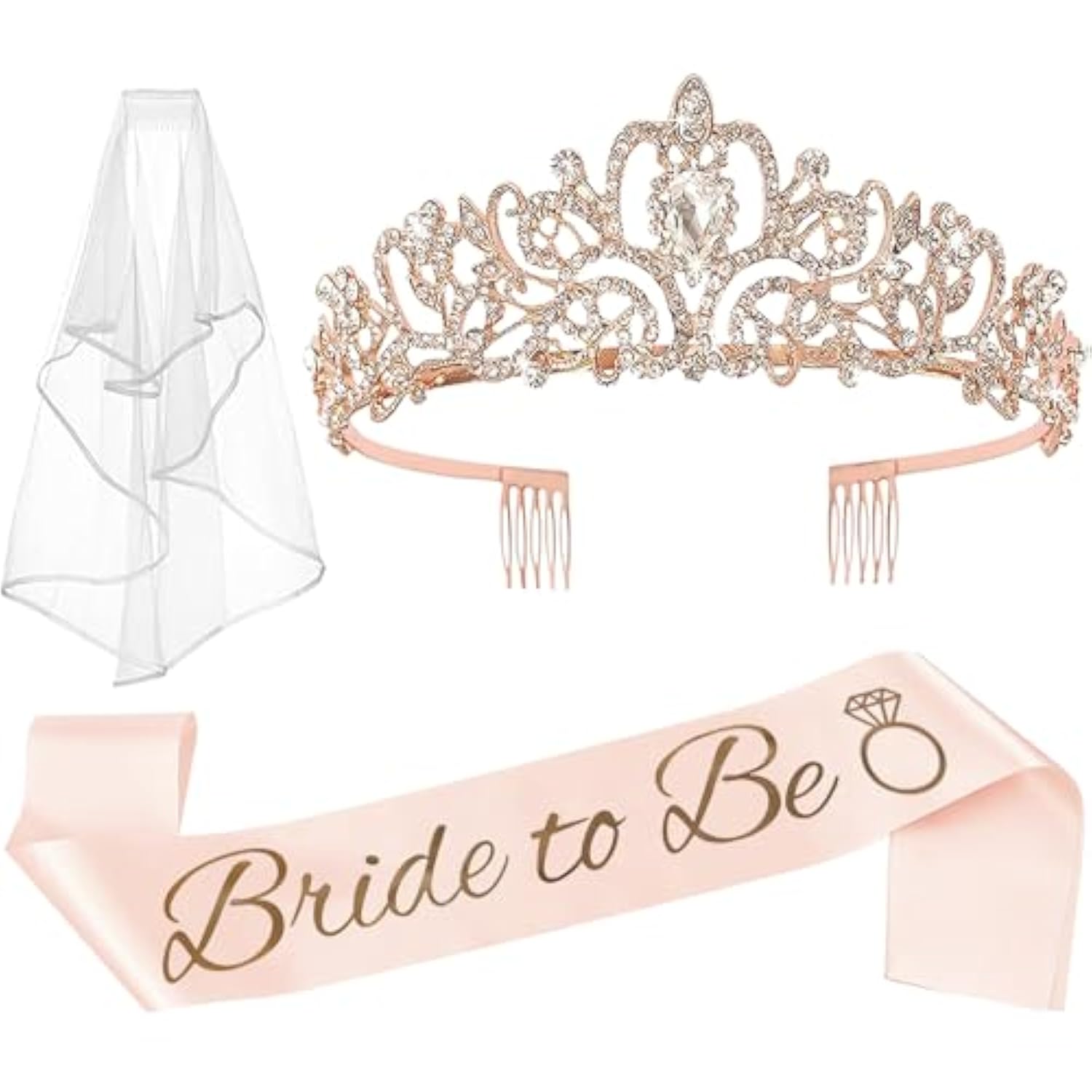 Rose Gold Bachelorette Party Set: Bride Crown, Veil & Sash
