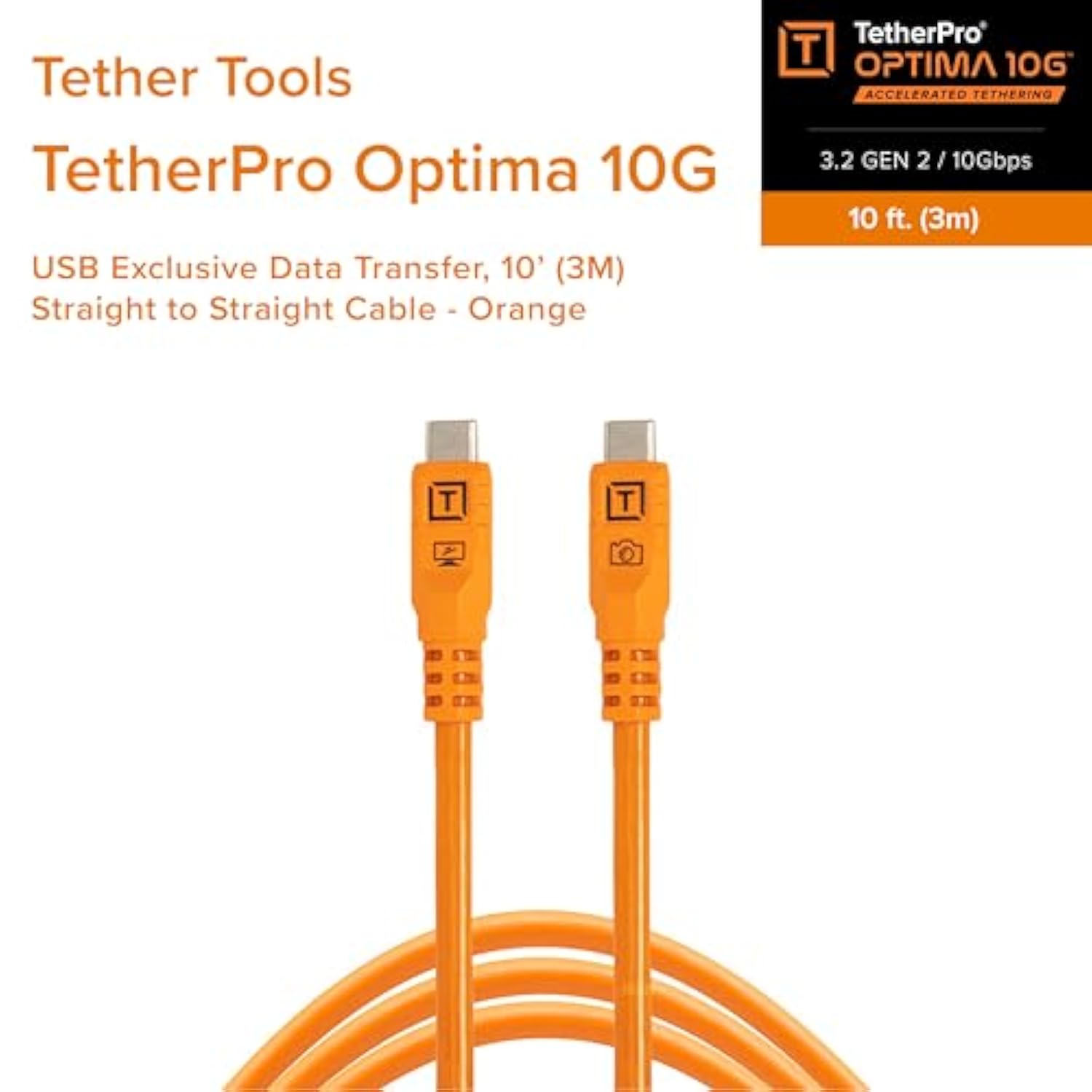 TetherPro Optima 10Gbps Gen 2 USB-C, 10' (3m), Straight to Straight, High-Visibility Orange