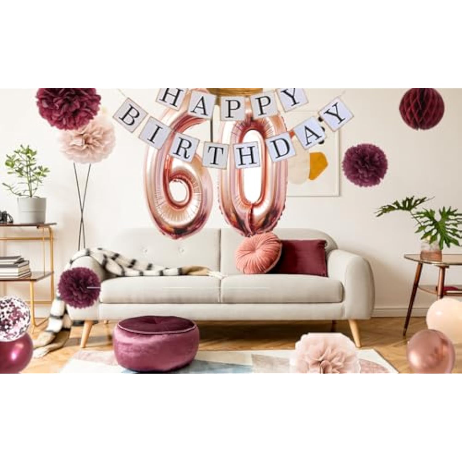 60th Birthday Decorations for Women – Rose Gold, Burgundy & Champagne Party Decor Set