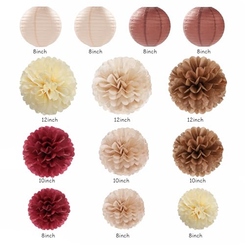 Burgundy Brown Beige Boho Party-Decorations - 20pcs Dusty Pink Fall Birthday Paper Lanterns Fans,Tissue Pom Poms,Honeycomb Balls,Autumn Wedding Bridal Shower Rustic Neutral Baby Decor