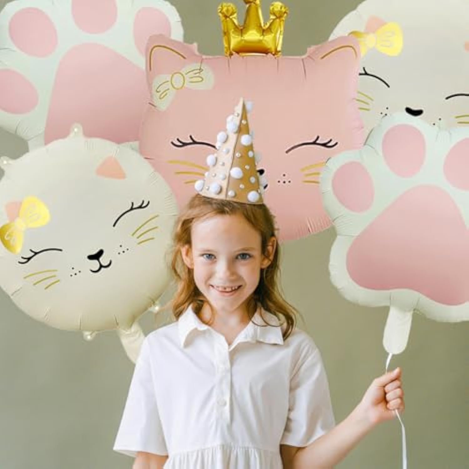 5Pcs Cat Foil Balloon Cat Paw Birthday Party Supplies Cute Crown Kitten Pet Cat Themed Birthday Party Baby Shower, Wedding Themed Party Decorations?Pink, Cream White?