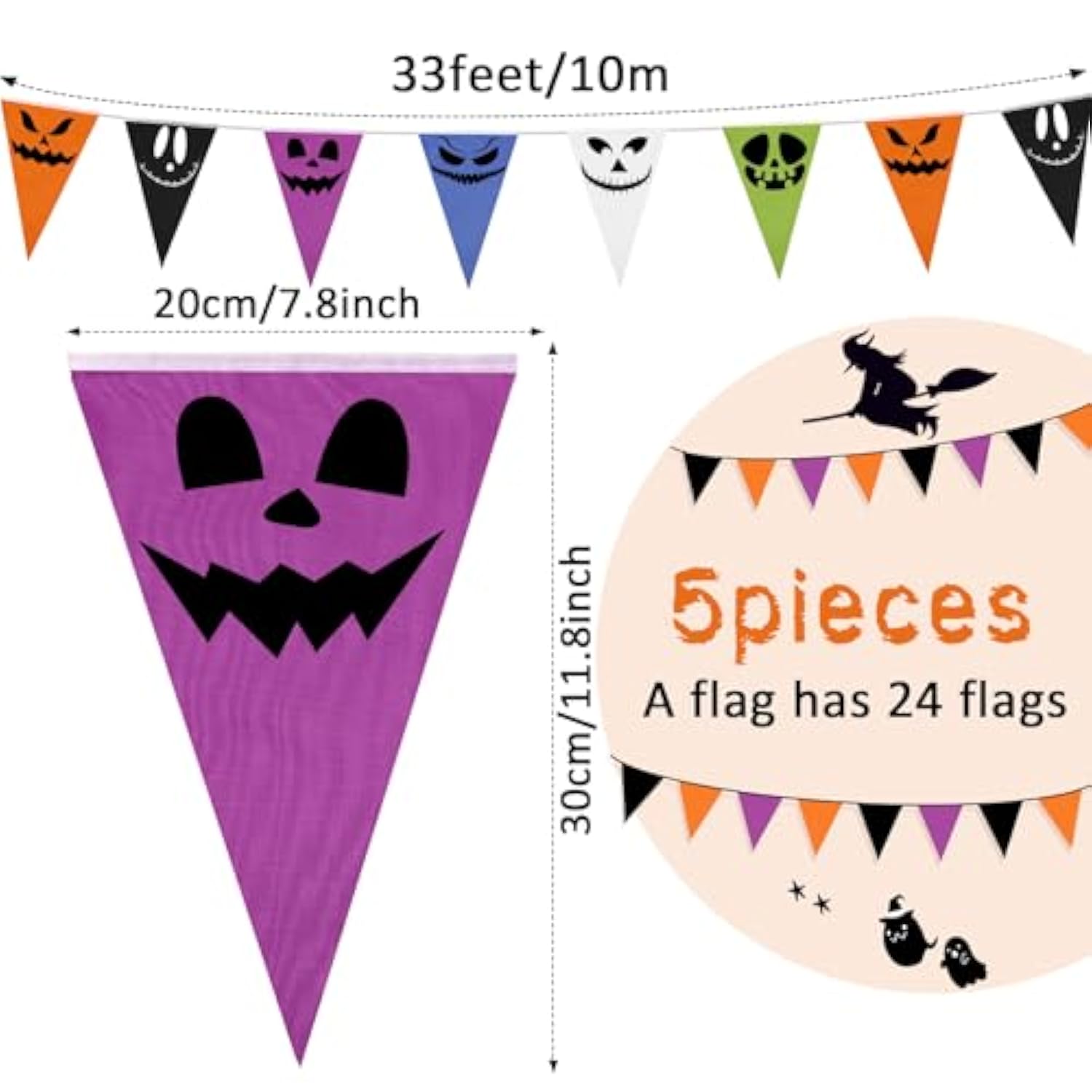 164ft Halloween Pennant Banner Flags, 5pcs Scare Face Fabric Triangle Bunting