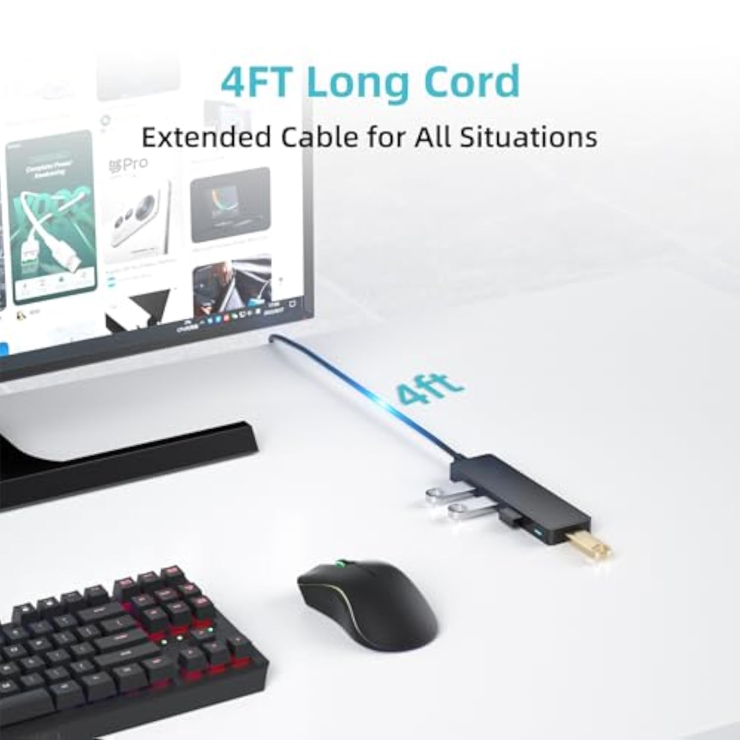 Usb Hub 3.0 4-Port Ultra-Slim Data Usb Expander With 4 Ft Extended Cable For M