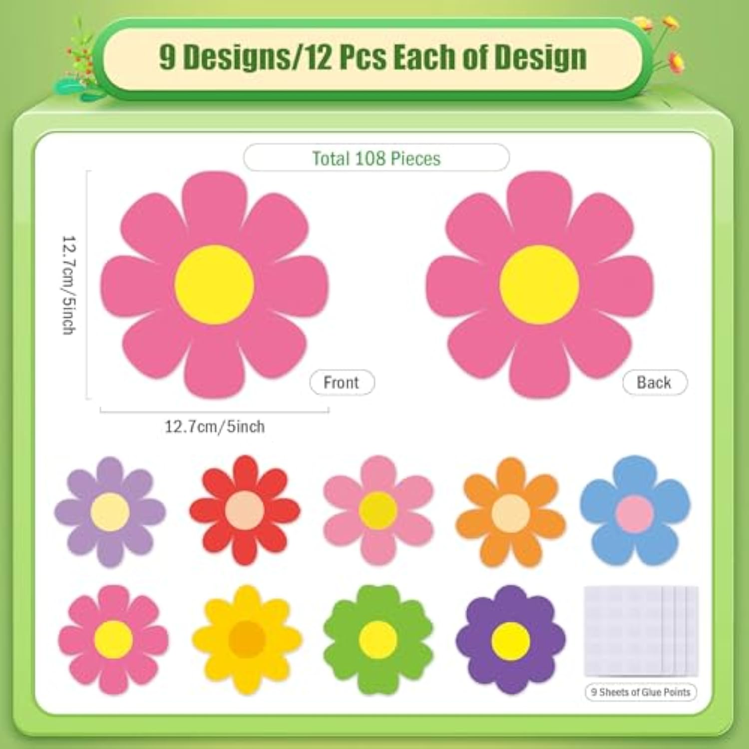 108 Pcs Retro Flower Cutouts Paper Spring Classroom Decorations 5“ Double-Sided Flower Die Cuts Floral Cutouts With Glue Points For Bulletin Boards, Wall Decor, Party Décor & Spring Themes