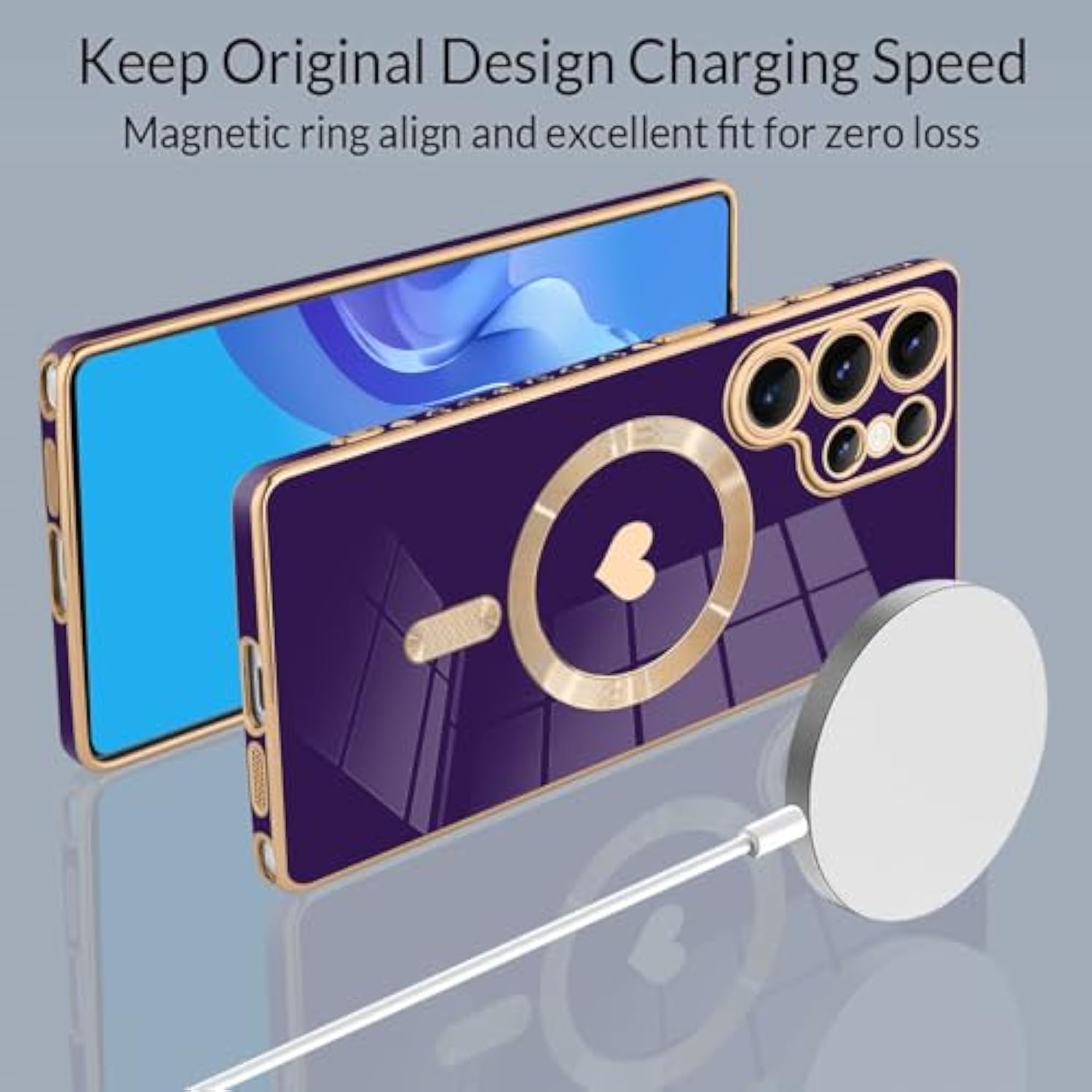 Magnetic For Samsung Galaxy S25 Ultra Case [Compatible With Magsafe] Cute Love Luxury Plating Edge Bumper With Full Camera Lens For Galaxy S25 Ultra Phone Case, Purple(6.9")