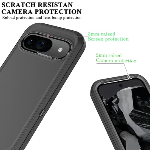 For Google Pixel 9/Pixel 9 Pro Case - 3-In-1 Heavy Duty Rubber Protection Cover,16 Ft Military Grade Shockproof Secure Layered Pixel 9/9 Pro Phone Case-Black