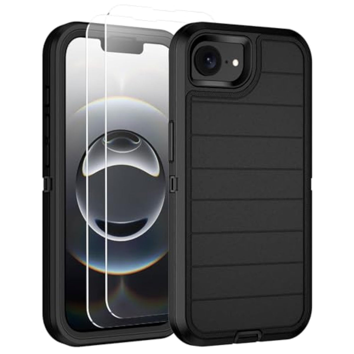 For Iphone 16E Case With 2 Pack Tempered Glass Screen Protector Heavy Duty Shockproof 3-Layer Full Body Protection Military Grade Rugged Cover Case For Apple Iphone 16E 6.1",Black